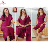 Fancyra Women Dark Pink Satin 3 Piece Nightwear Sleepwear Set - Long Outer Robe Nightgown & Pajama Set