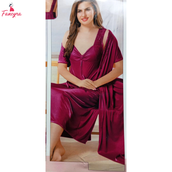 Fancyra Women Dark Pink Satin 3 Piece Nightwear Sleepwear Set - Long Outer Robe Nightgown & Pajama Set - Image 3