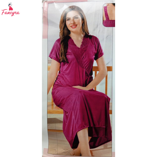 Fancyra Women Dark Pink Satin 3 Piece Nightwear Sleepwear Set - Long Outer Robe Nightgown & Pajama Set - Image 4