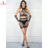 Fancyra Women Dazzling Black Rhinestone Fishnet Crop Top & Mini Skirt Lingerie Stocking Set