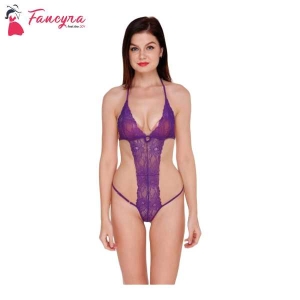 Fancyra Women Deep V Halter Neck Lace Bodysuit Lingerie