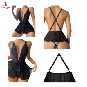 Fancyra Women Deep V Neck One Piece Lace Flare Bodysuit Babydoll Black Lingerie