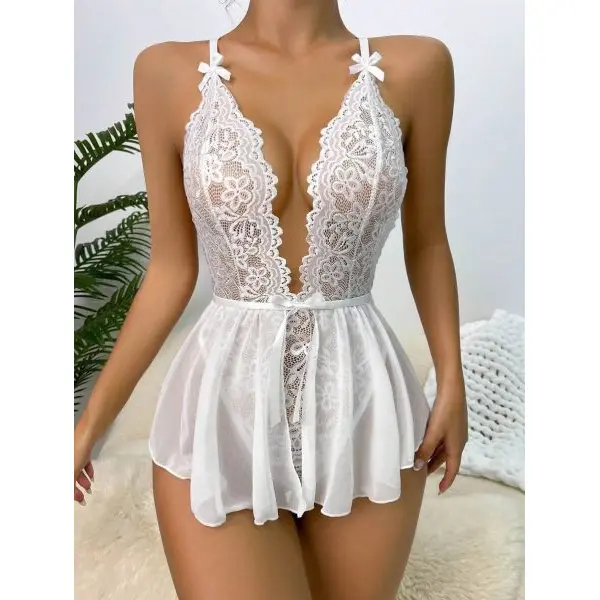 Fancyra Women Deep V Neck One Piece Lace Flare Bodysuit Babydoll Lingerie - Image 2