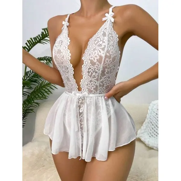 Fancyra Women Deep V Neck One Piece Lace Flare Bodysuit Babydoll Lingerie - Image 3