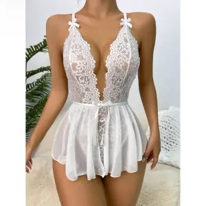 Fancyra Women Deep V Neck One Piece Lace Flare Bodysuit Babydoll Lingerie