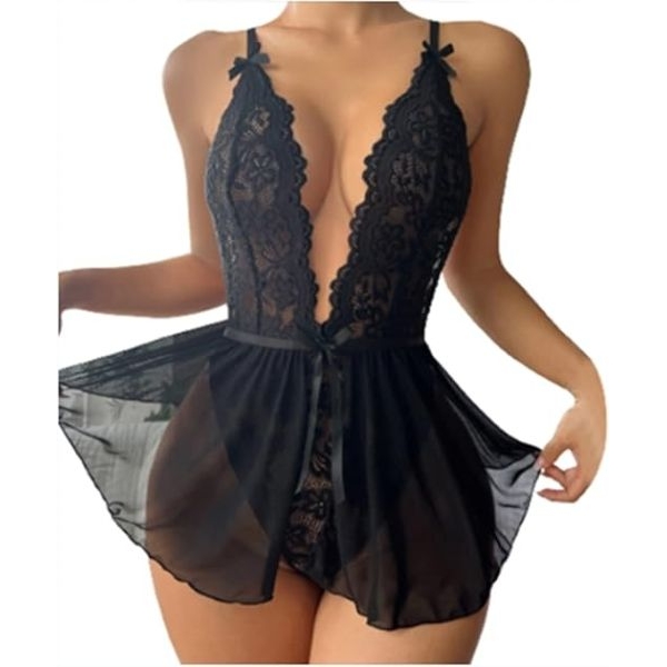 Fancyra Women Deep V Neck One Piece Sexy Lace Flare Bodysuit Babydoll Lingerie - Image 2