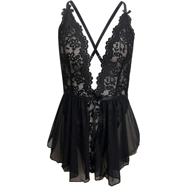 Fancyra Women Deep V Neck One Piece Sexy Lace Flare Bodysuit Babydoll Lingerie - Image 3