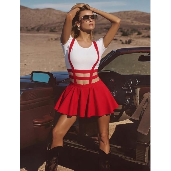 Fancyra Women Elastic High Waist A-Line Mini Braces Red Skirt with Top - Image 3