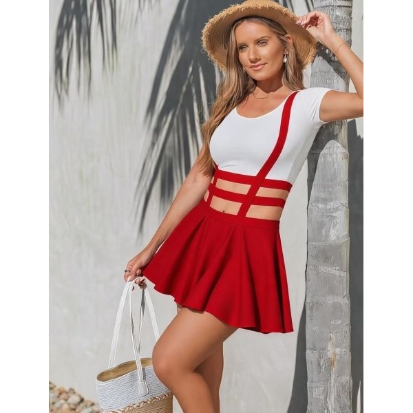 Fancyra Women Elastic High Waist A-Line Mini Braces Red Skirt with Top - Image 5