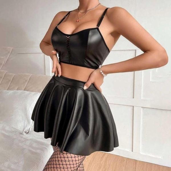 Fancyra Women Elegant Black Hot Baby Doll Crop Top & Mini Skirt with Panty - Image 3