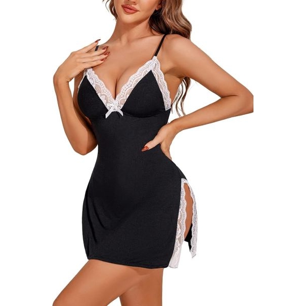 Fancyra Women Elegant Black Side Slit Chemise Babydoll Lingerie - Image 2