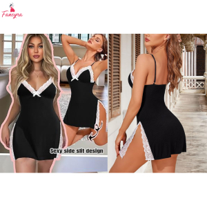 Fancyra Women Elegant Black Side Slit Chemise Babydoll Lingerie