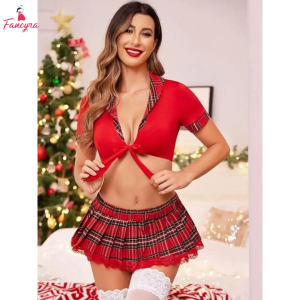 Fancyra Women Elegant Checked Mini Skirt and Crop Top Nighty Lingerie Set
