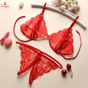 Fancyra Women Elegant Floral Open Crotch Lingerie Bra Panty Set