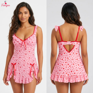 Fancyra Women Elegant Heart Printed Ruffle Babydoll Lingerie