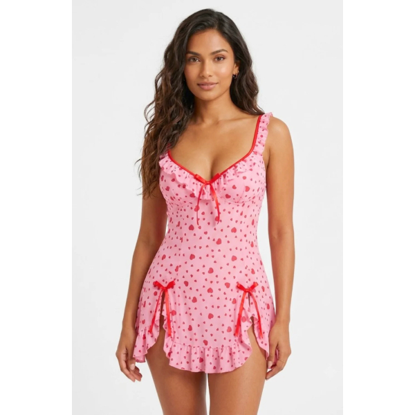 Fancyra Women Elegant Heart Printed Ruffle Babydoll Lingerie - Image 5