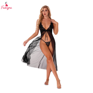 Fancyra Women Elegant High Split Lace Sheer Long Baby Doll Lingerie With G String Panty