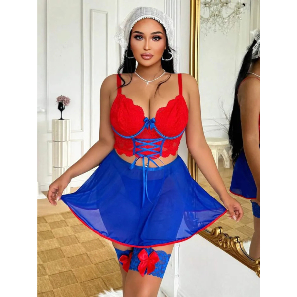 Fancyra Women Elegant Lace Corset Style Top with Flared Skirt and Thigh Garters Lingerie Set - Image 2