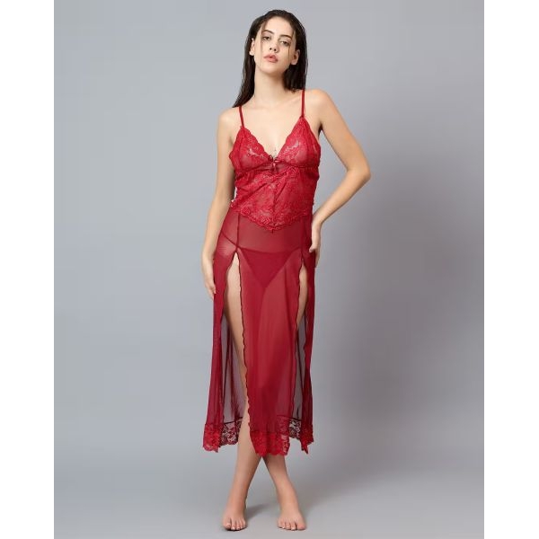 Fancyra Women Elegant Lace Floral Long Babydoll Lingerie with G string Panty - Image 2
