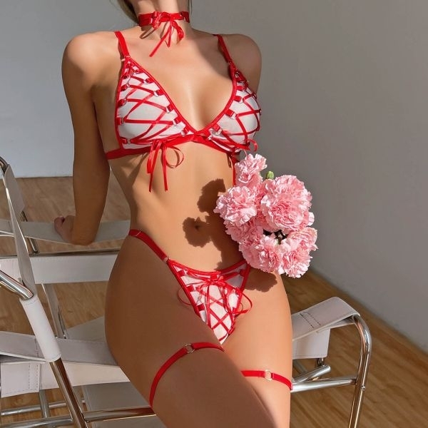 Fancyra Women Elegant Lace-Up Strappy Bra & Panty Set with Choker & Thigh Straps - Image 2