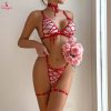 Fancyra Women Elegant Lace-Up Strappy Bra & Panty Set with Choker & Thigh Straps
