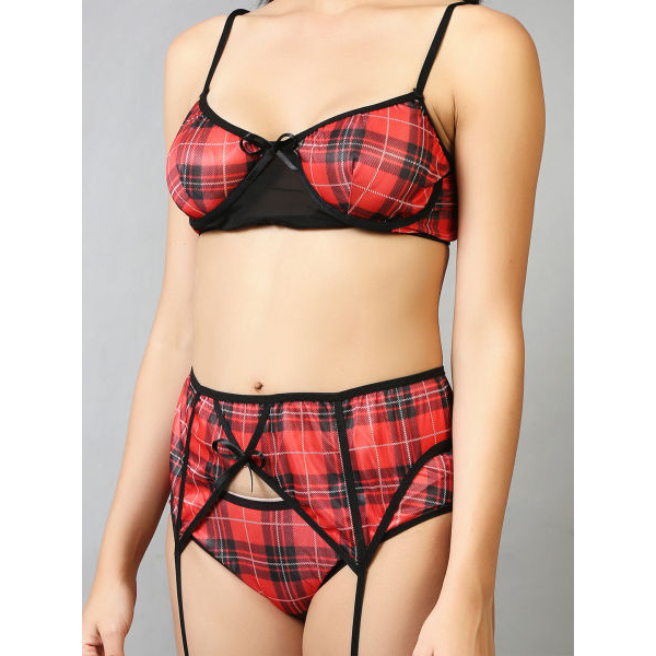 Fancyra Women Elegant Lingerie Tease Sophie Plaid Set with Stocking - Image 4