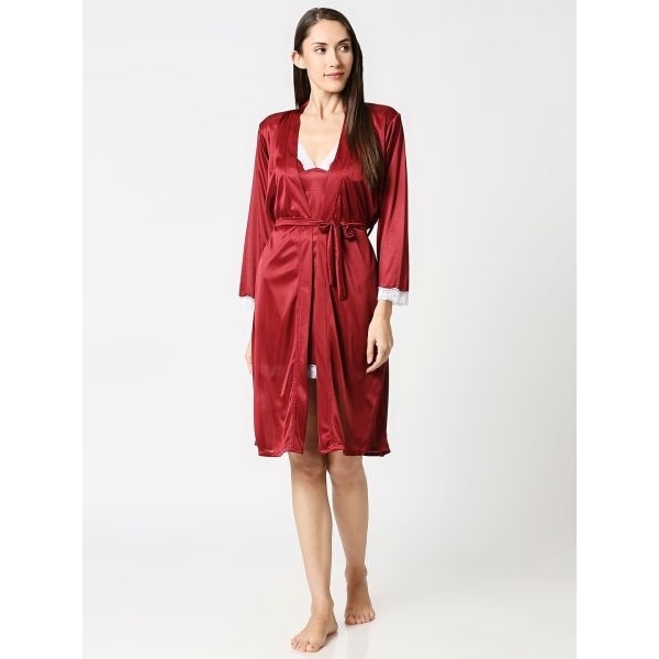 Fancyra Women Elegant Maroon 2 Piece Set Lace Trim Inner Nighty with Robe - Image 2