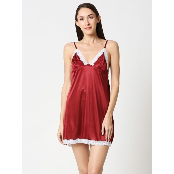 Fancyra Women Elegant Maroon 2 Piece Set Lace Trim Inner Nighty with Robe - Image 3