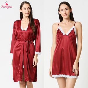 Fancyra Women Elegant Maroon 2 Piece Set Lace Trim Inner Nighty with Robe