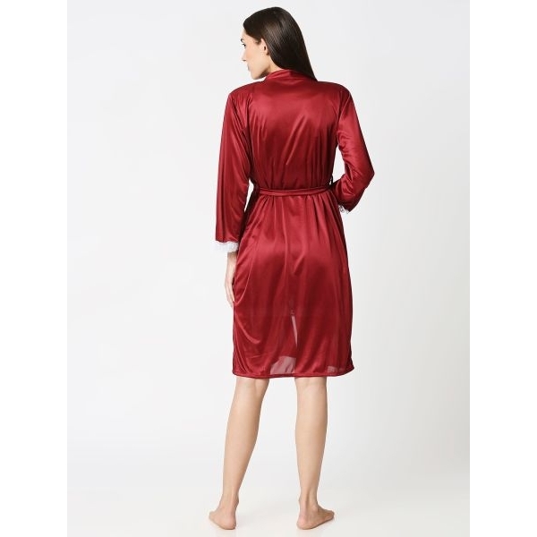 Fancyra Women Elegant Maroon 2 Piece Set Lace Trim Inner Nighty with Robe - Image 5