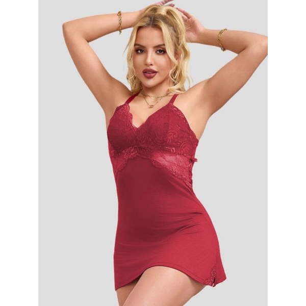 Fancyra Women Elegant Maroon Self Design Lace Baby Doll Lingerie - Image 2