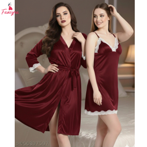 Fancyra Women Elegant Satin Nightgown with Lace Trim and Robe Set