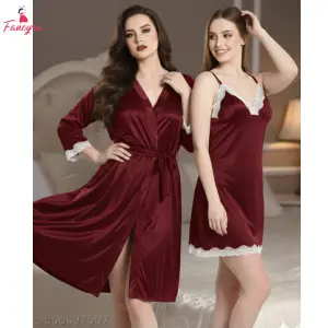 Fancyra Women Elegant Satin Nightgown with Lace Trim and Robe Set