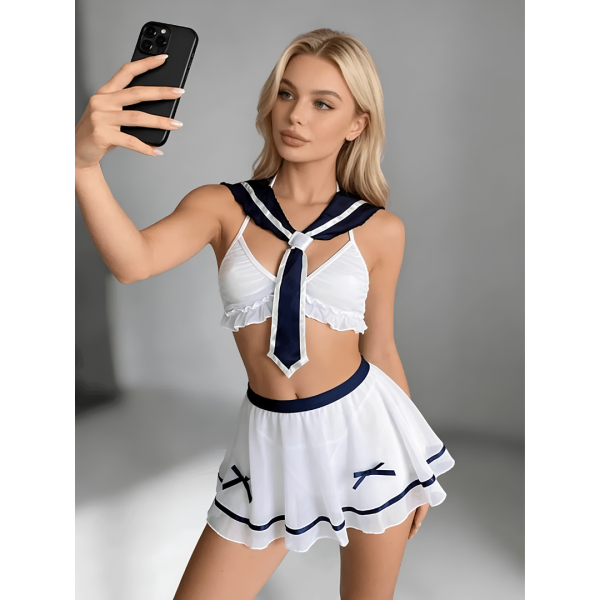 Fancyra Women Elegant See Through Cosplay Roleplay Top with Skirt Lingerie Set - Image 2