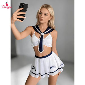 Fancyra Women Elegant See Through Cosplay Roleplay Top with Skirt Lingerie Set