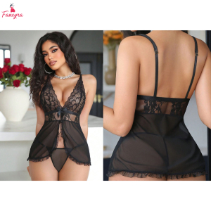 Fancyra Women Elegant Soft Net Lace Babydoll Nightdress Lingerie