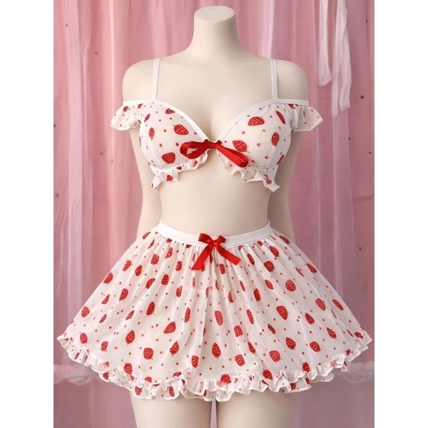 Fancyra Women Elegant Strawberry Print Lingerie Set, Bow Detail Bralette and Mini Skirt - Image 3