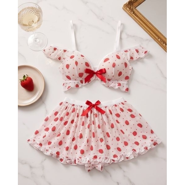 Fancyra Women Elegant Strawberry Print Lingerie Set, Bow Detail Bralette and Mini Skirt - Image 4