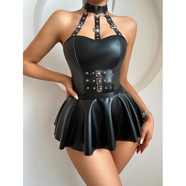 Fancyra Women Faux Leather Buckled Halter Backless Bralette and Skirt Lingerie Set - Image 3