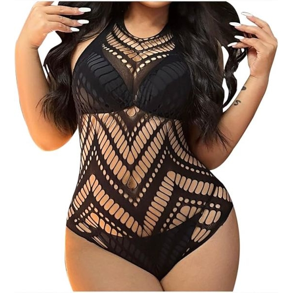 Fancyra Women Fishnet Bodysuit Halter Mesh Tops One Piece Sheer Teddy Lingerie - Image 5