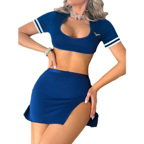 Fancyra Women Flight Attendant Costume Lingerie, Alluring High Slit Top Skirt Set - Image 3
