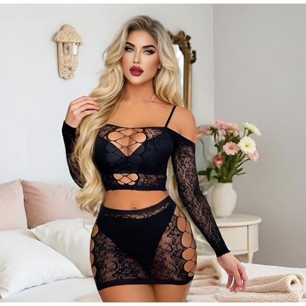 Fancyra Women Floral Bodystocking Lingerie Fishnet Babydoll Bodysuit Mini Dress Set - Image 2