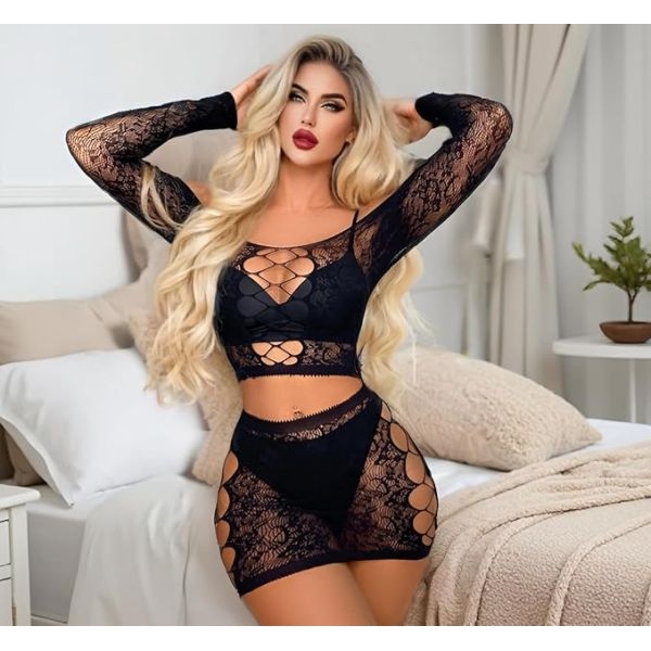 Fancyra Women Floral Bodystocking Lingerie Fishnet Babydoll Bodysuit Mini Dress Set - Image 4