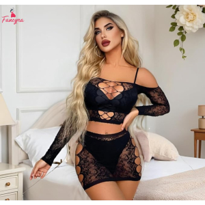 Fancyra Women Floral Bodystocking Lingerie Fishnet Babydoll Bodysuit Mini Dress Set