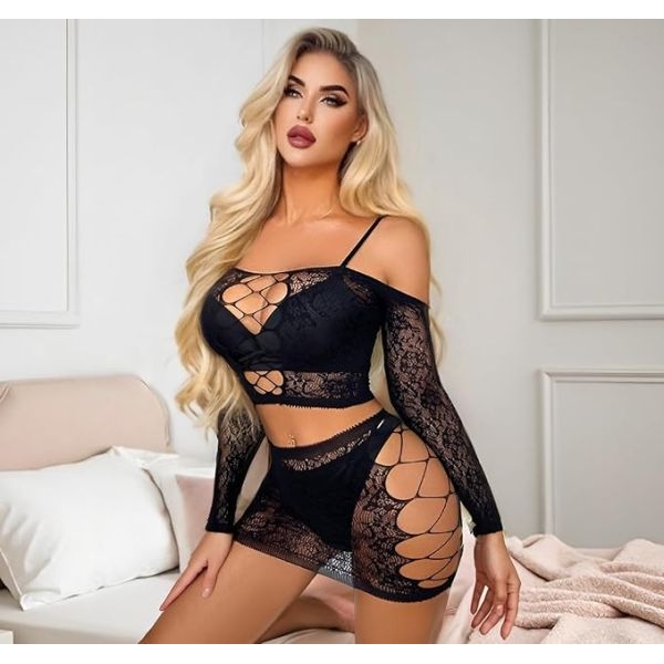 Fancyra Women Floral Bodystocking Lingerie Fishnet Babydoll Bodysuit Mini Dress Set - Image 5