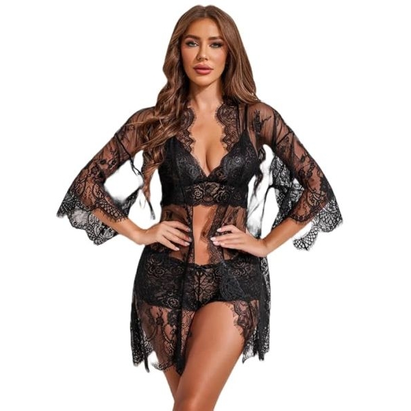 Fancyra Women Floral Lace 3 Piece Lingerie Set with Robe - Image 3