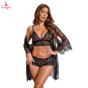 Fancyra Women Floral Lace 3 Piece Lingerie Set with Robe