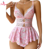 Fancyra Women Floral Lace Babydoll Lingerie Pink Nightwear Lace Mesh Bodysuit
