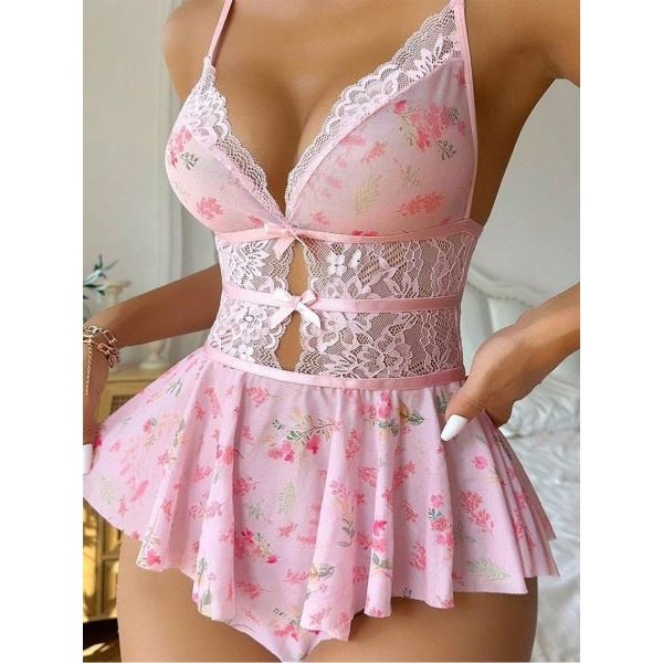 Fancyra Women Floral Lace Babydoll Lingerie Pink Nightwear Lace Mesh Bodysuit - Image 3