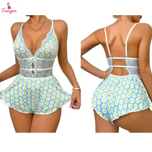 Fancyra Women Floral Lace Backless Elegant Babydoll Lingerie Nighty